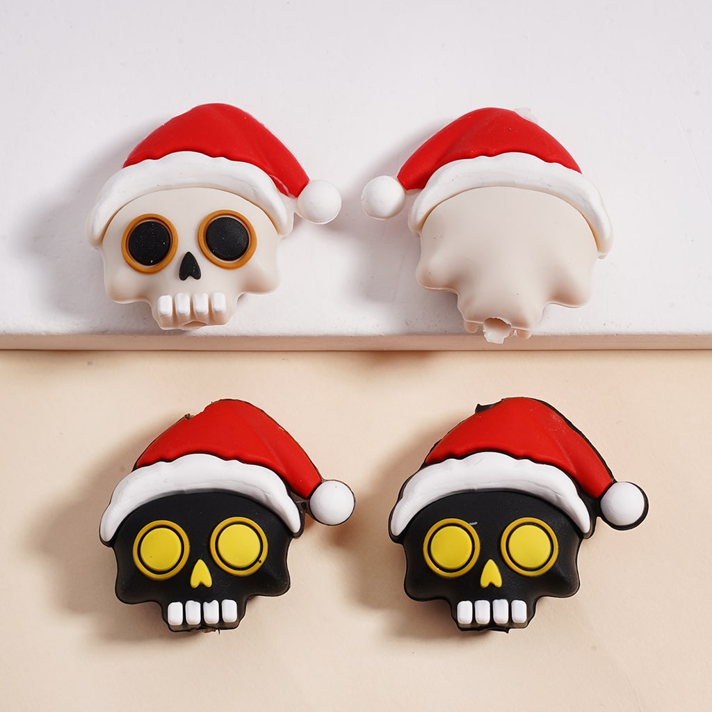3D Halloween Christmas bead, Horror Skeleton Skull Head with Red Christmas Santa Hat, Light Gray & Black Silicone Focal Bead 20MM
