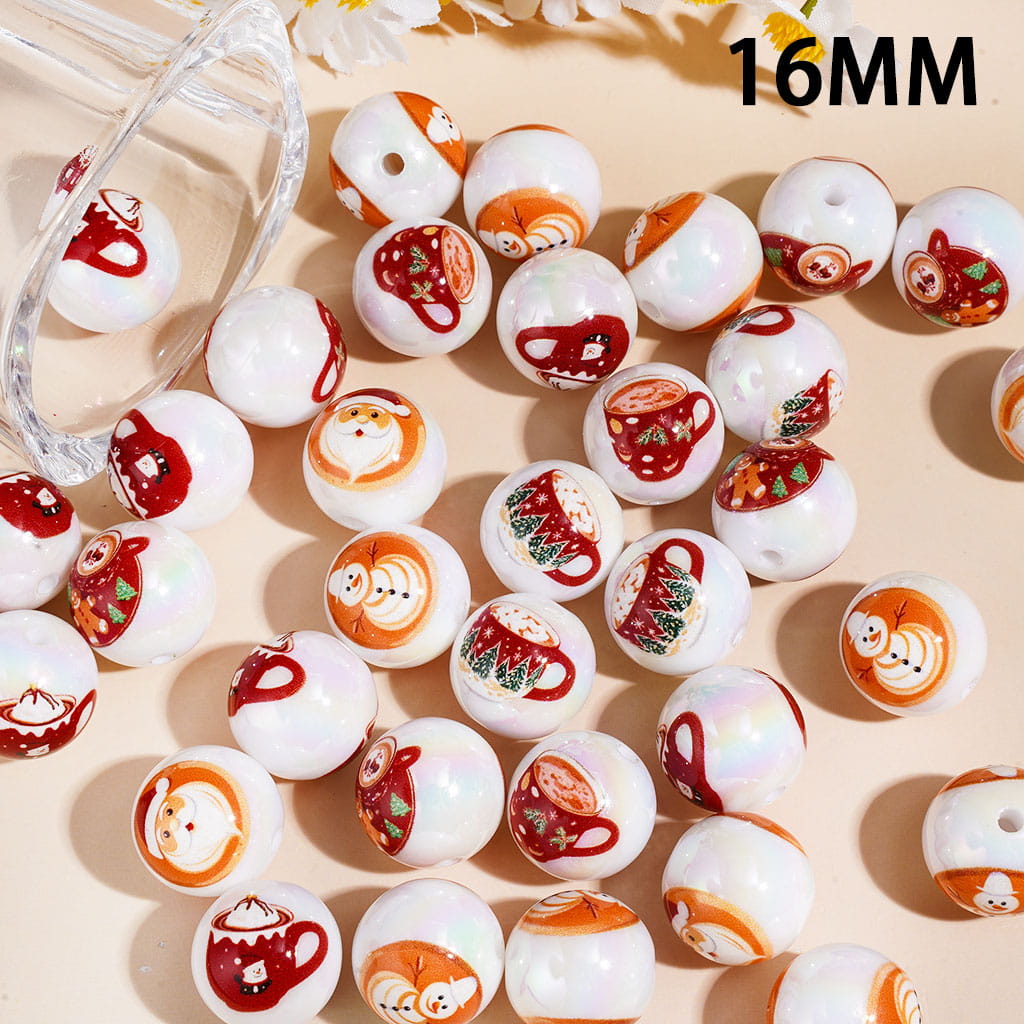 UV Coated Acrylic Beads for Bracelets with Christmas Coffee and Pastry Prints Series, 16MM Random Mix