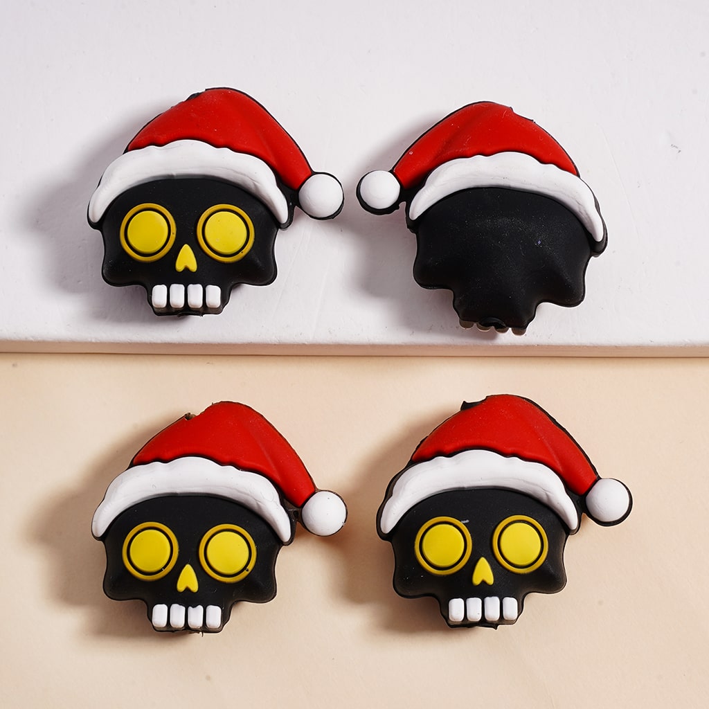 3D Halloween Christmas bead, Horror Skeleton Skull Head with Red Christmas Santa Hat, Light Gray & Black Silicone Focal Bead 20MM