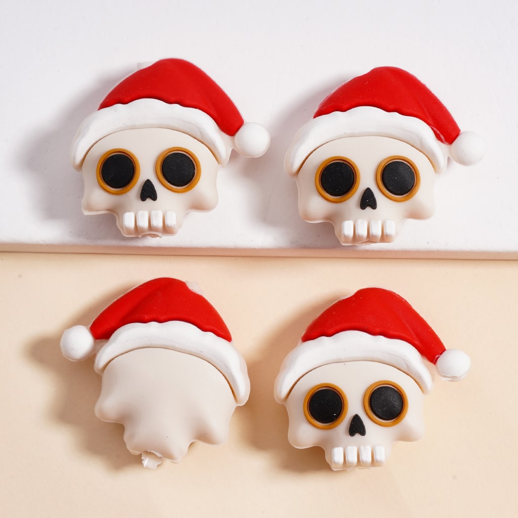 3D Halloween Christmas bead, Horror Skeleton Skull Head with Red Christmas Santa Hat, Light Gray & Black Silicone Focal Bead 20MM