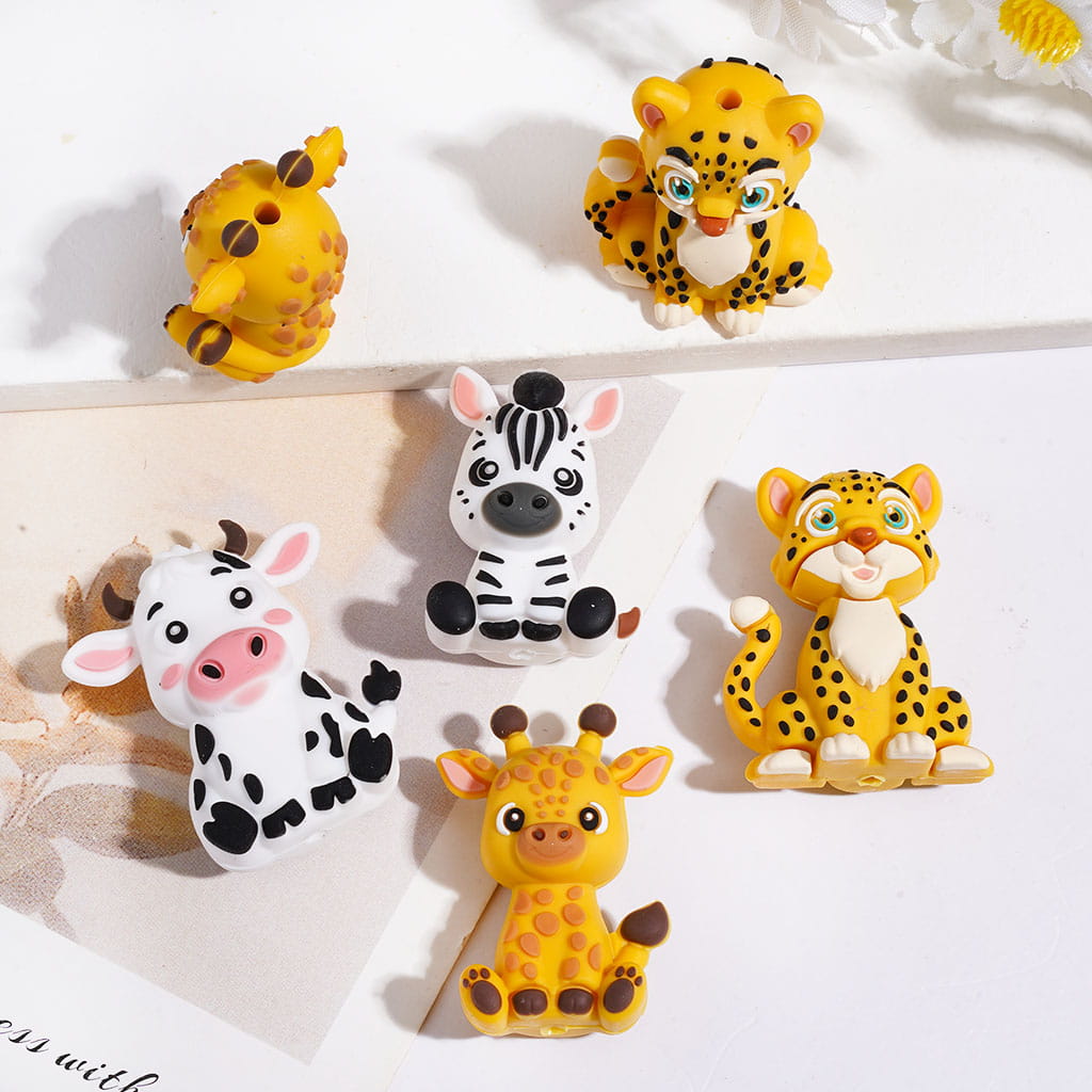 3D Safari Animal Series with Cheetah, Deer, Zebra & Cow, Silicone Focal Beads Random Mix