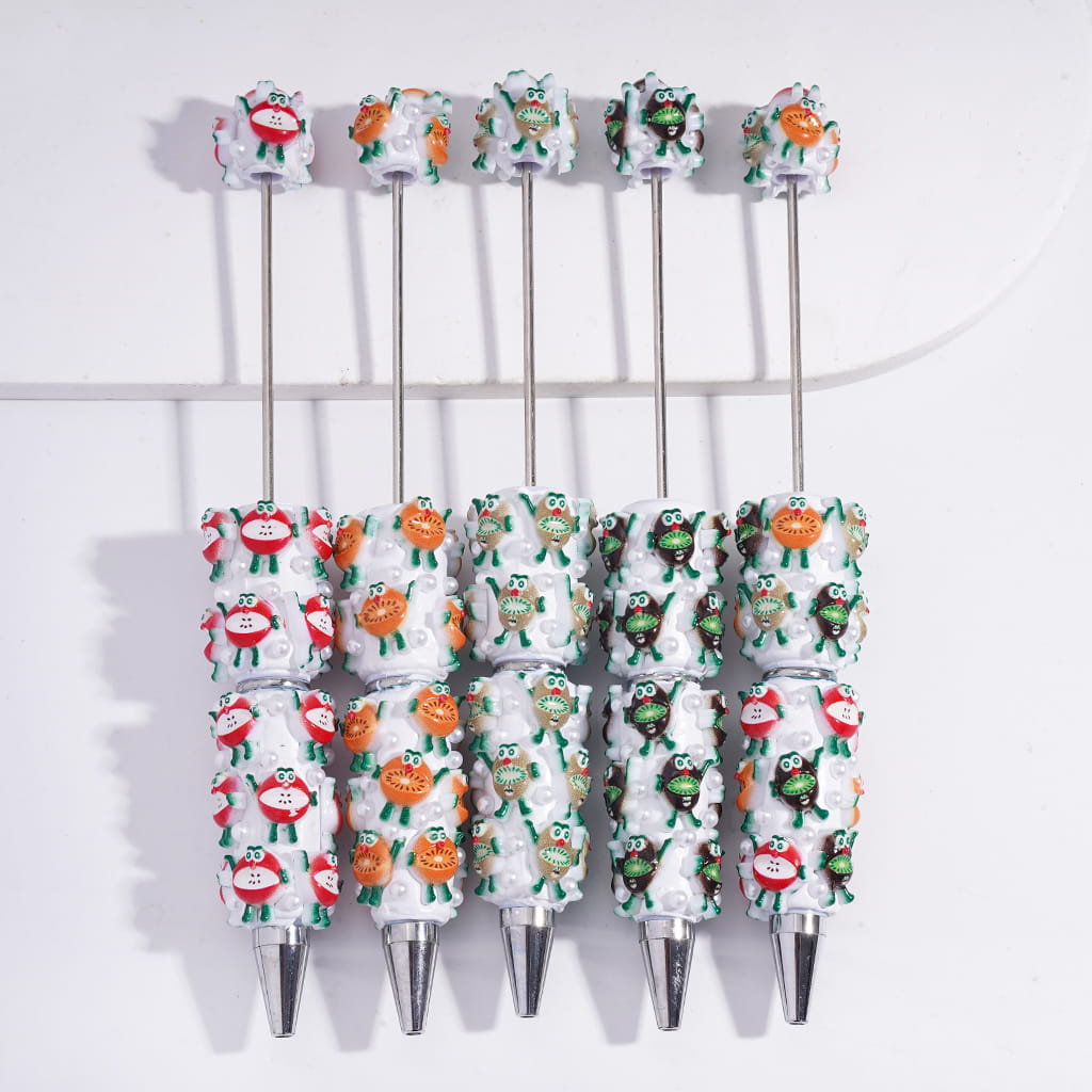 Cute Fruit Characters in Various Styles and White Pearls Beadable Clay Pens