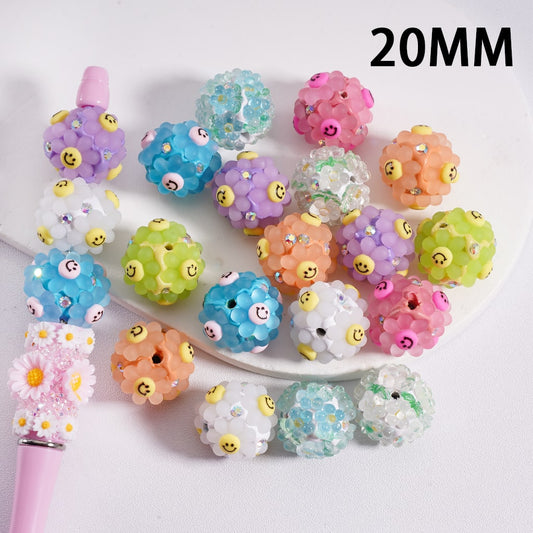 Frosted Matte Cute Emoji Smile Face with Clear Flowers & AB Rhinestones, Multi Color 20MM Clay Beads Random Mix