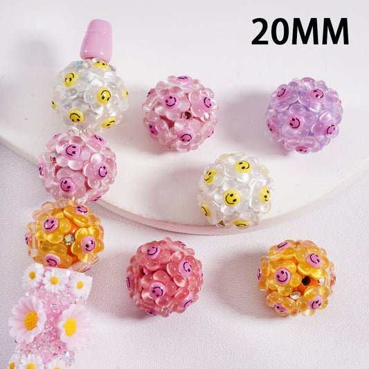 Matte Clear Flower Multi Color Smiley Faces & AB Rhinestone Detail Clay Beads 20mm Random Mix