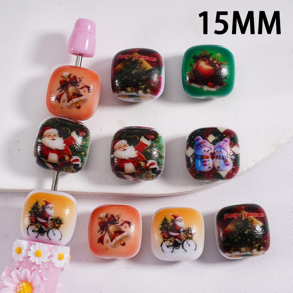 Santa Christmas Series Holiday Themed Cube Shape Acrylic Beads, 15mm Random Mix Designs