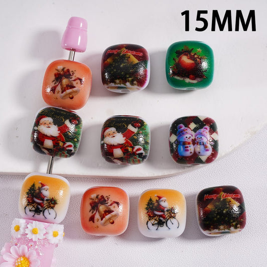 Santa Christmas Series Holiday Themed Cube Shape Acrylic Beads, 15mm Random Mix Designs