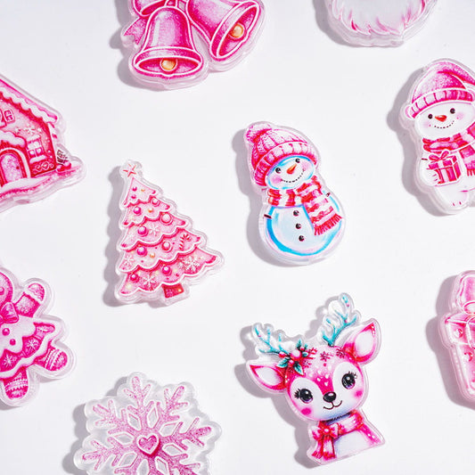Festive Pink Christmas Character Snowflake, Tree, Bell, Snowman, Deer, House, Gift Box & Gingerbread Man Designs Acrylic Beads, Random Mix