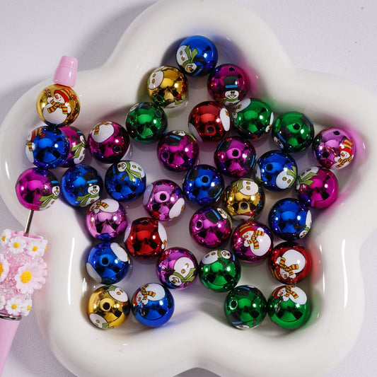 Metallic Cute Snowman Print Design Santa Red Hat Round Acrylic Beads 16mm Random Mix