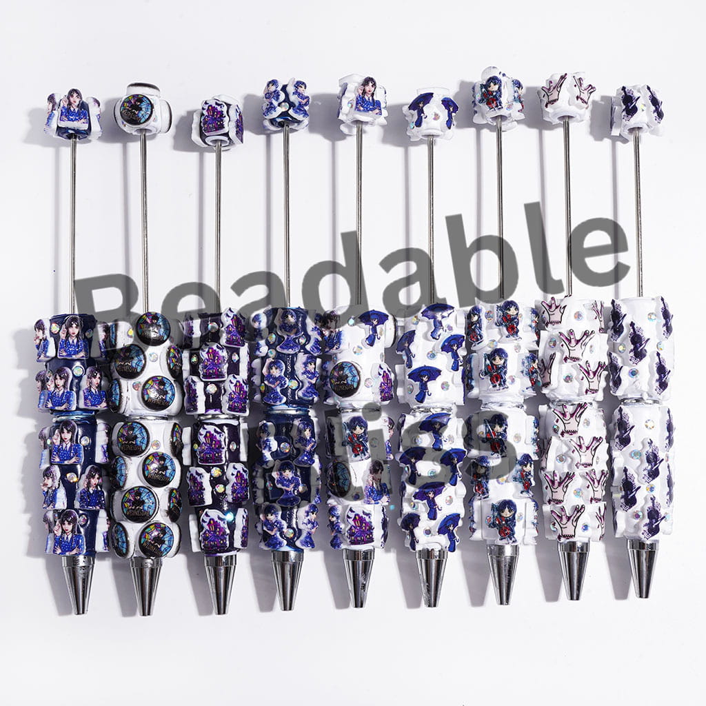 Beadable Clay Pens with American Transnatural Horror Comedy Characters Series, AB Rhinestones, Blue Style