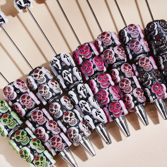 Halloween Skull Skeleton & Ghost Heads Theme with AB Rhinestones Beadable Clay Pens Multi-Color Random Mix