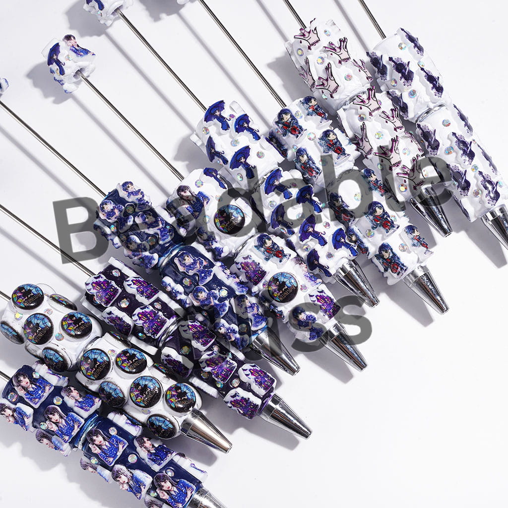 Beadable Clay Pens with American Transnatural Horror Comedy Characters Series, AB Rhinestones, Blue Style