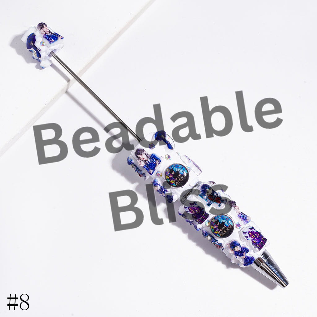 Beadable Clay Pens with American Transnatural Horror Comedy Characters Series, AB Rhinestones, Blue Style