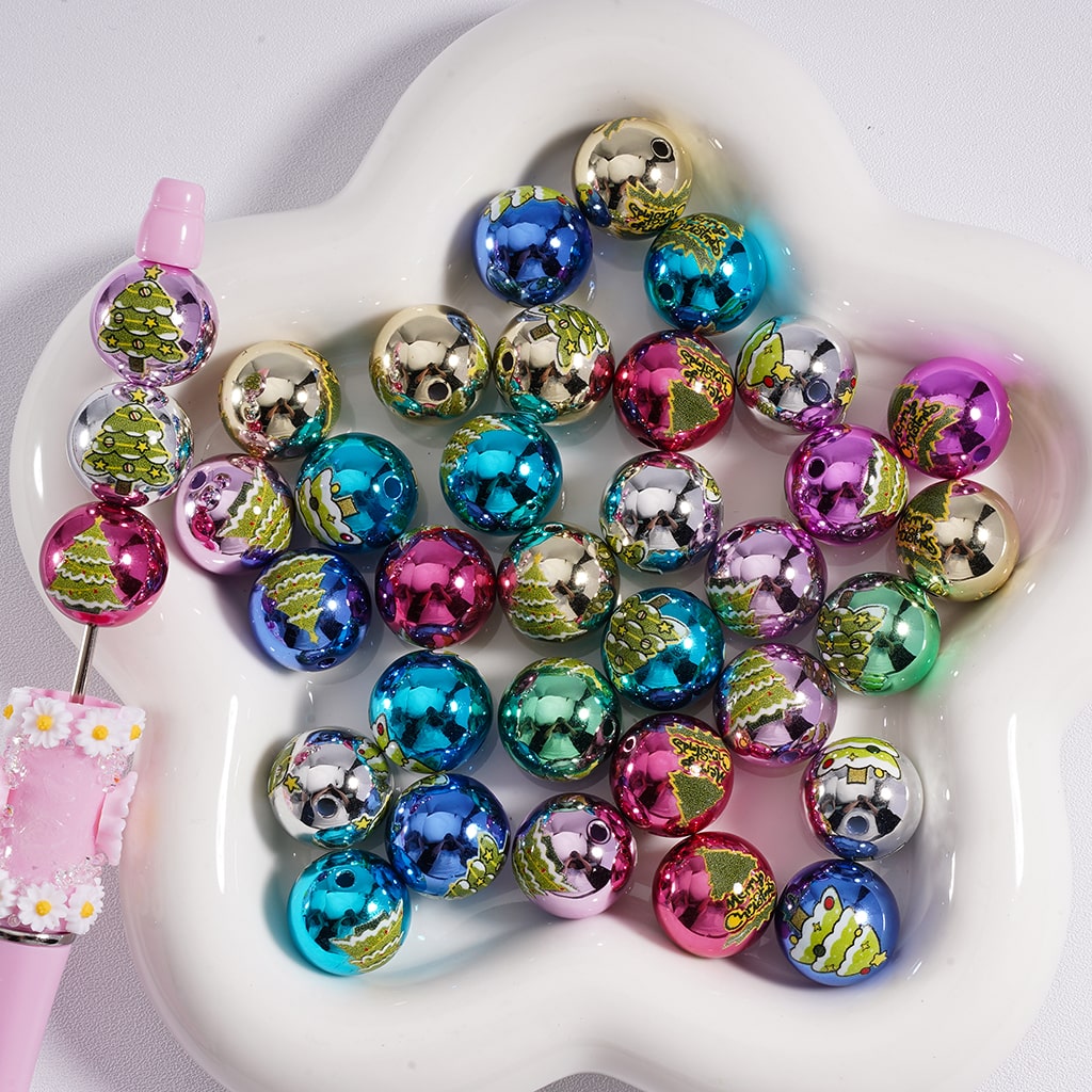 Festive Metallic Christmas Tree Print Holiday Round Mix Acrylic Beads, 16mm Random Mix