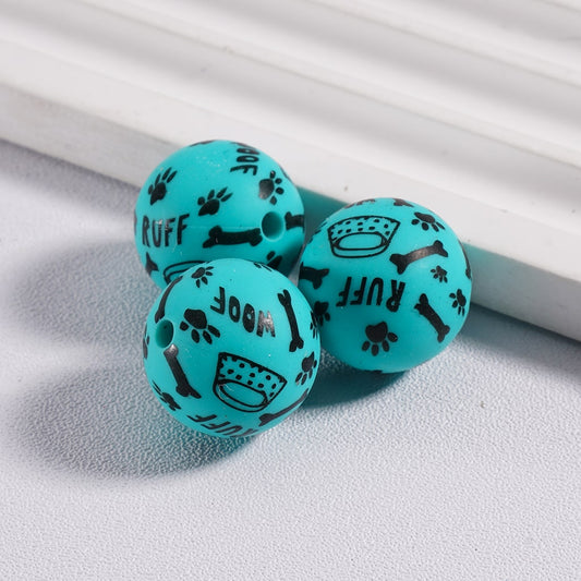 Pet Themed Black Pet Paw, Bone, Woof, Ruff Prints, Teal Round printed silicone beads 15MM