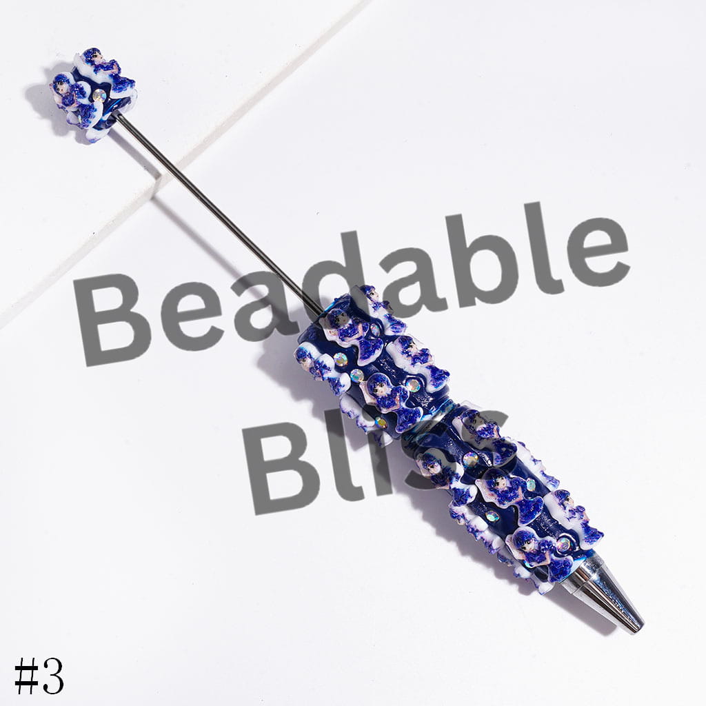 Beadable Clay Pens with American Transnatural Horror Comedy Characters Series, AB Rhinestones, Blue Style
