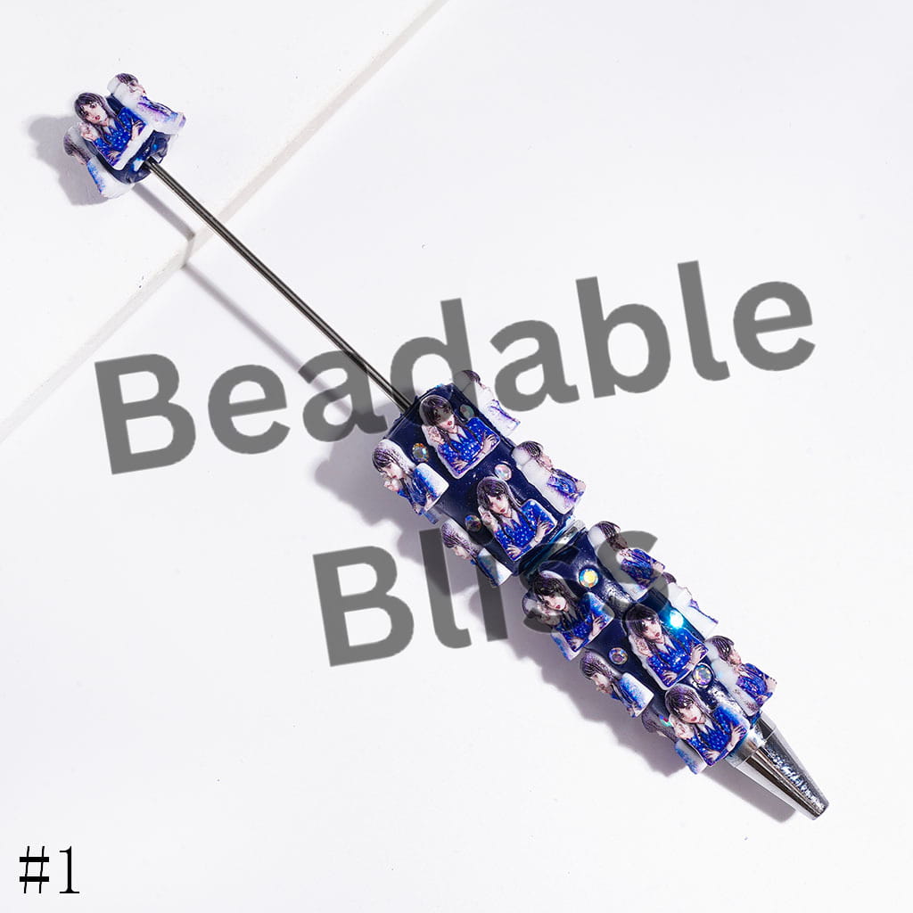 Beadable Clay Pens with American Transnatural Horror Comedy Characters Series, AB Rhinestones, Blue Style