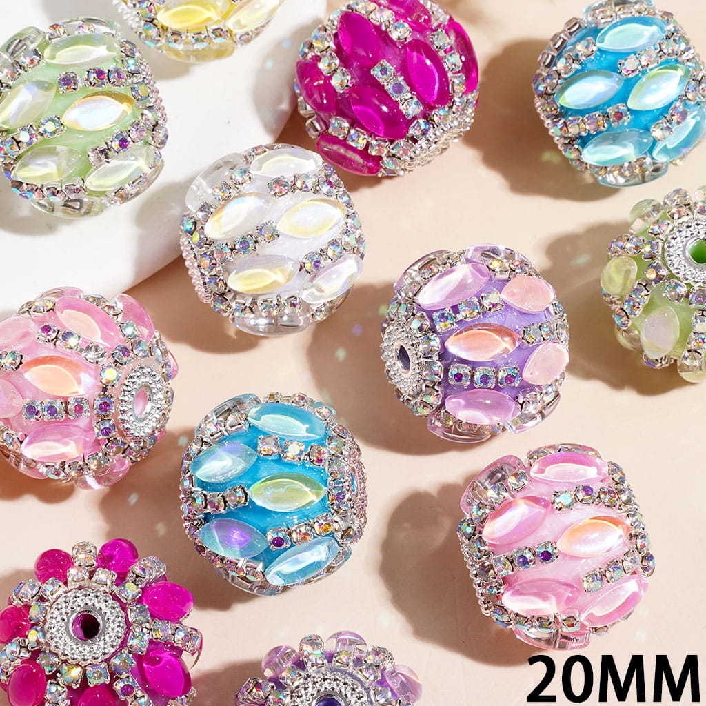 Hand-Made Acrylic Beads with Marquise Cut Rhinestones, Sliver Metal and AB Rhinestone Chains, 20MM Multi-Color
