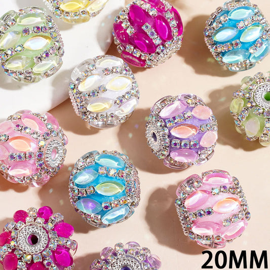 Opal Marquise Cut Rhinestones, Silver Metal Caps & AB Rhinestone Chains Round Handmade Acrylic Beads 20MM Multi-Color