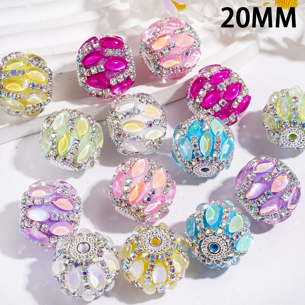 Hand-Made Acrylic Beads with Marquise Cut Rhinestones, Sliver Metal and AB Rhinestone Chains, 20MM Multi-Color