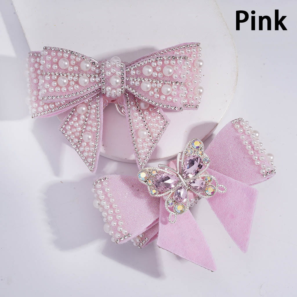 Fabric Bowknot with White Pearls Clear Rhinestones Iridescent Bubble Balls Wrap Tape Clay Beads 65*103MM