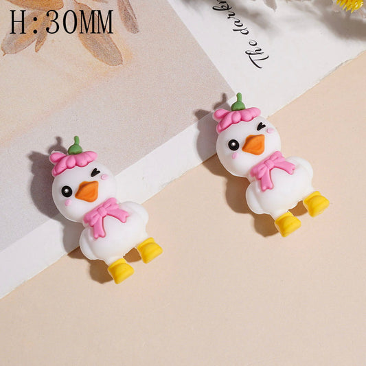 3D Cute White Duck with Pink Flower Hat, Bow & Yellow Shoes Silicone Focal Beads, 30MM