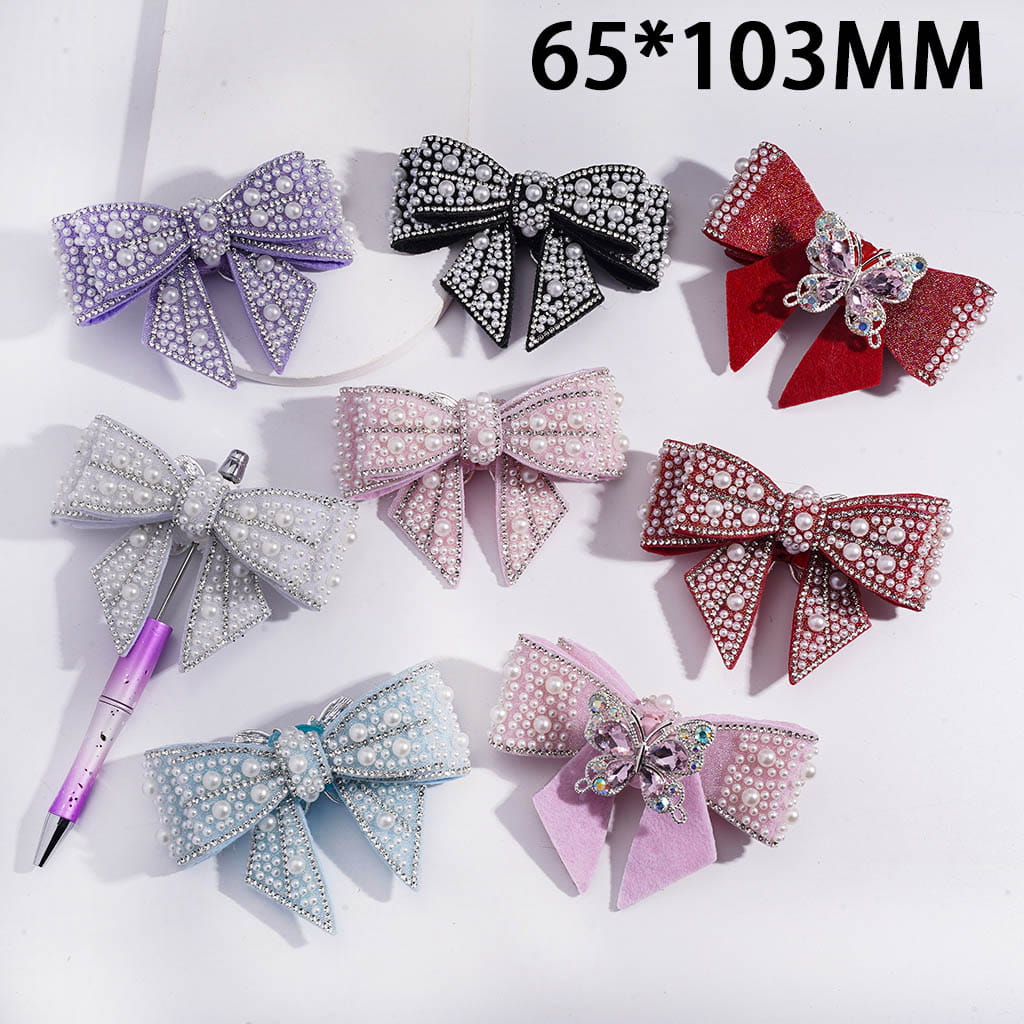 Fabric Bowknot with White Pearls Clear Rhinestones Iridescent Bubble Balls Wrap Tape Clay Beads 65*103MM