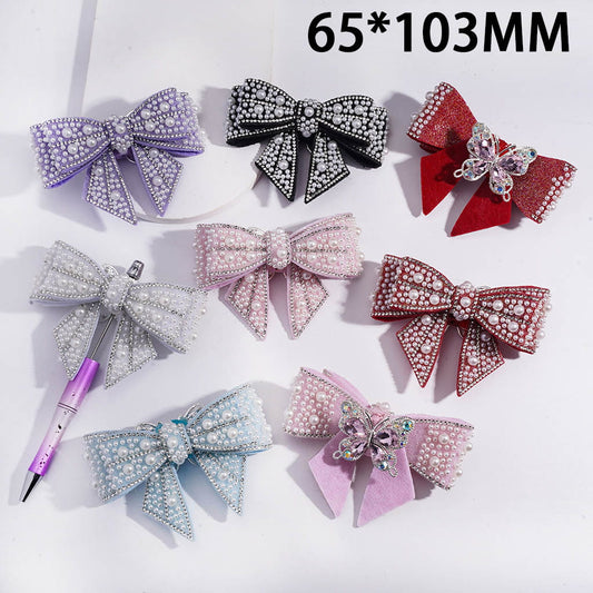 Fabric Bowknot with White Pearls Clear Rhinestones Iridescent Bubble Balls Wrap Tape Clay Beads 65*103MM
