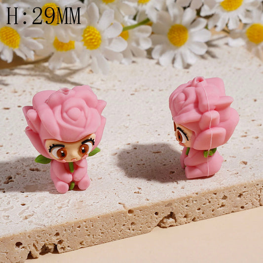 3D Cute Rose Flower Girl with Green Leaf Wings Silicone Focal Beads, 29MM