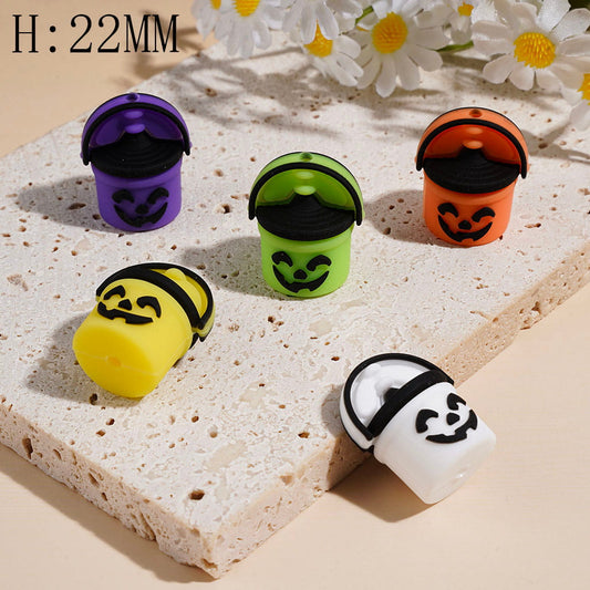 3D Halloween Pumpkin Candy Bucket Silicone Focal Beads with Spooky Face, 22MM