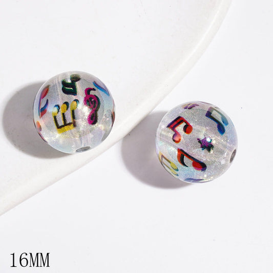 UV Coated Colorful Music Note and Sparkling Glitter Clear Round Acrylic Beads for Bracelets, 16MM