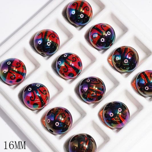 UV Finish Cute Ladybug Design Solid Colors & Semi-Clear Round Acrylic Beads for Bracelets, 16MM