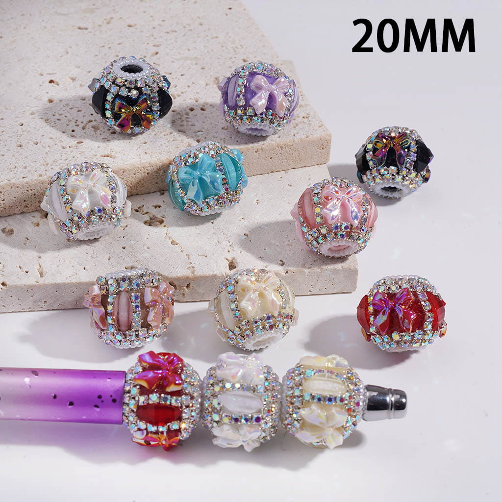UV Coating Bowtie Pumpkin AB Rhinestone with White Pearl Chains Round  Acrylic Beads 20MM