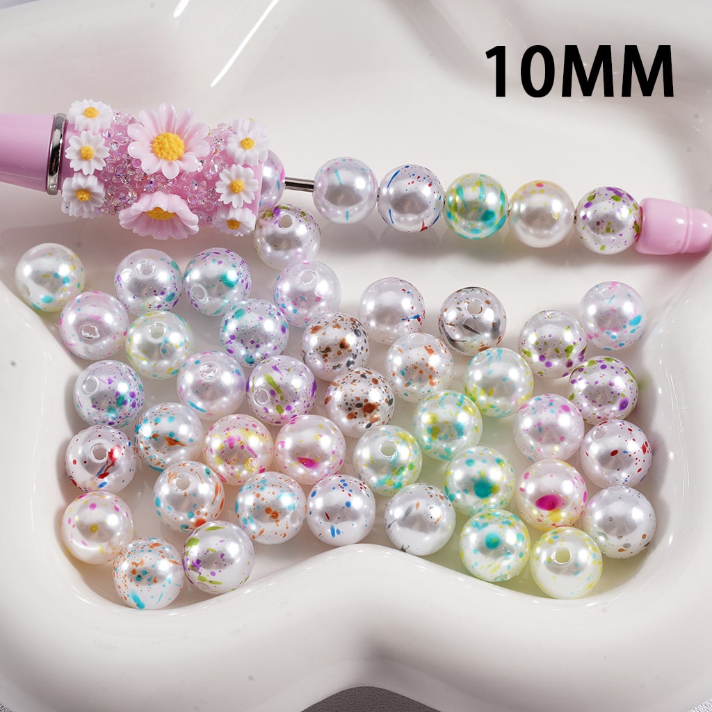 White Base with Multicolor Swirl Prints, Mini Abstract Art Color Splash Acrylic Beads 10mm Random Mix