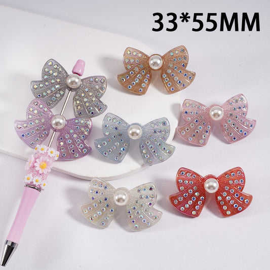 UV Coated Elegant Ribbon Bow Shiny Bowknot with Sparkling Rhinestone & Pearl Acrylic Beads 33*55MM, Random Mix