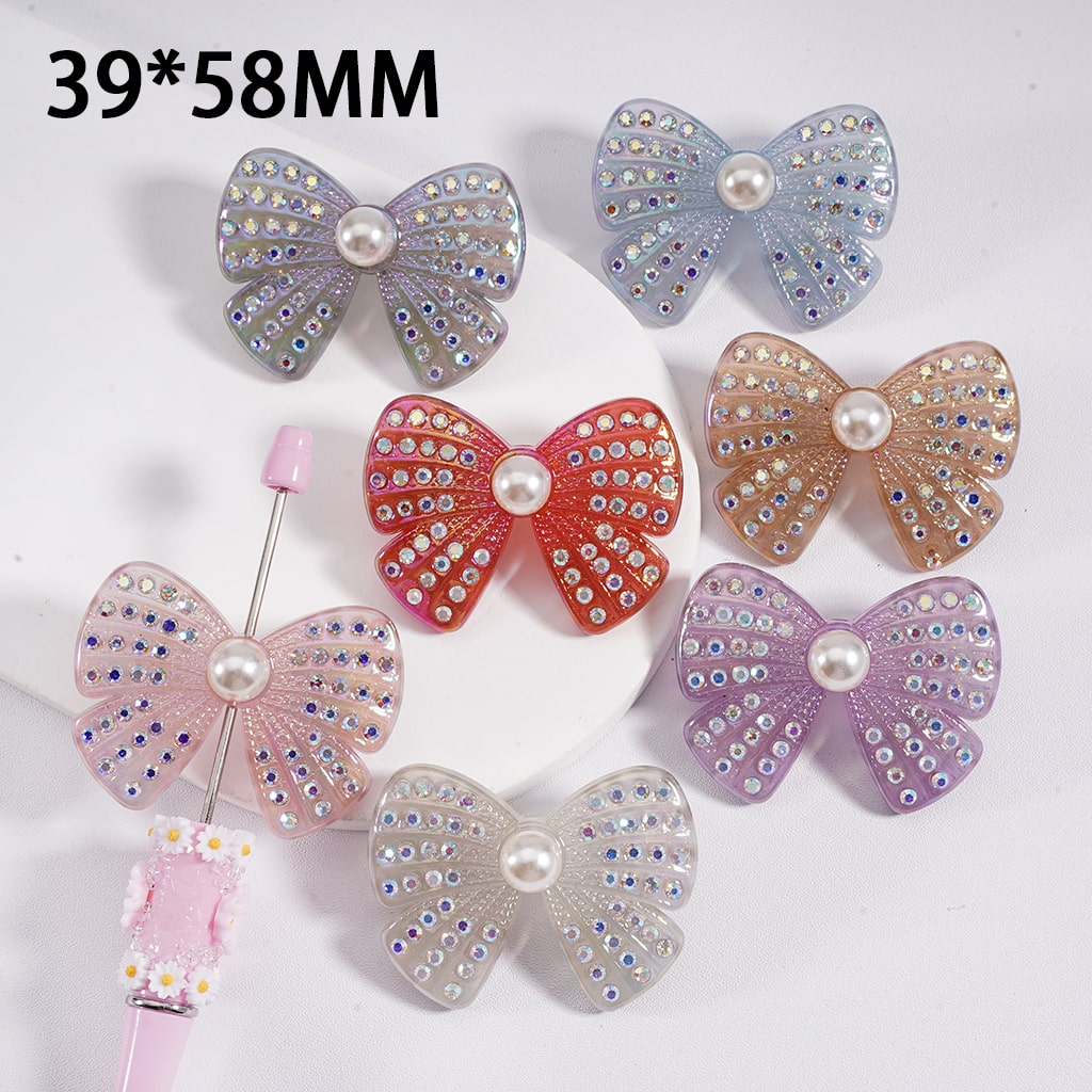 Acrylic Beads UV Coating Cute Bow with AB Rhinestones White Pearls  39*58MM, Random Mix