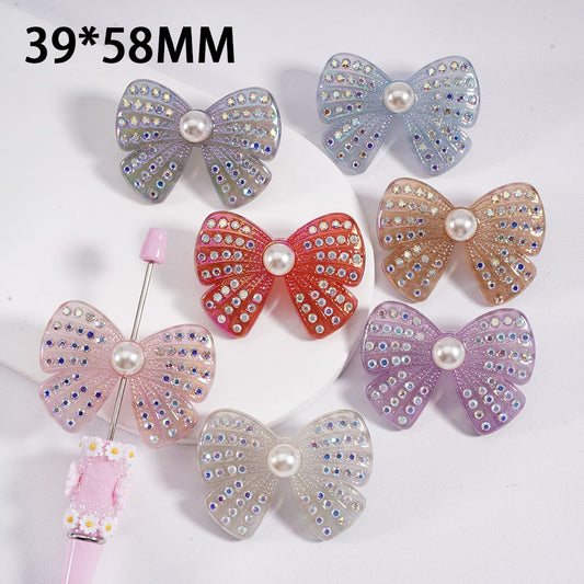 UV Coating Cute Bow with AB Rhinestones White Pearls Acrylic Beads  39*58MM, Random Mix