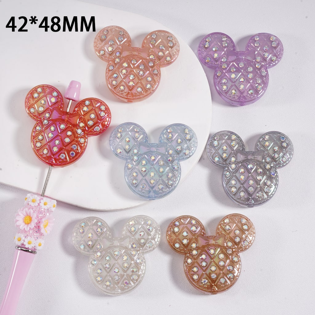 Acrylic Beads UV Coating Cute Boy Mouse Head with AB Rhinestones 42*48MM, Random Mix