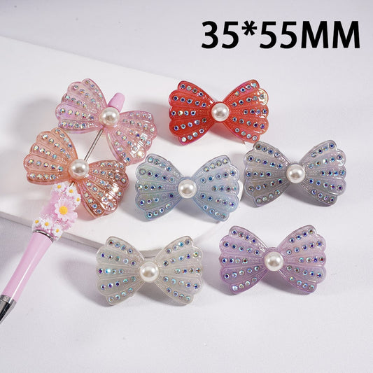 Luxury Bowtie Acrylic Beads Shiny UV Coated with Sparkling Rhinestones & White Pearls 33*35mm Random Mix