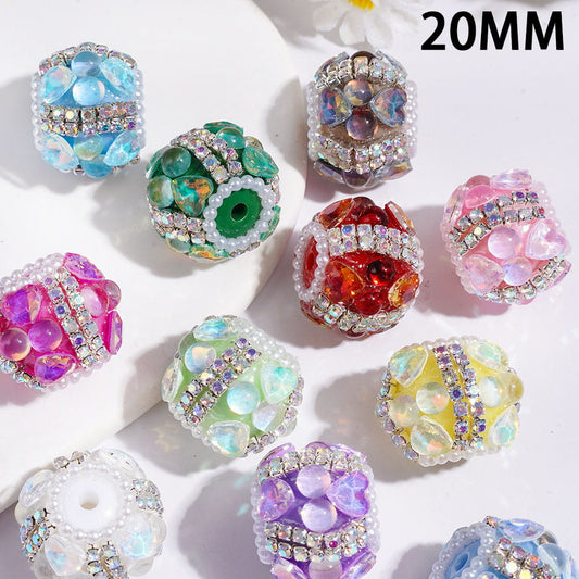 UV Coated Half-Round Heart Embellishments, AB Rhinestone & White Pearl Chain, Hand-Made Acrylic Beads, 20MM, Multi Colors Random Mix