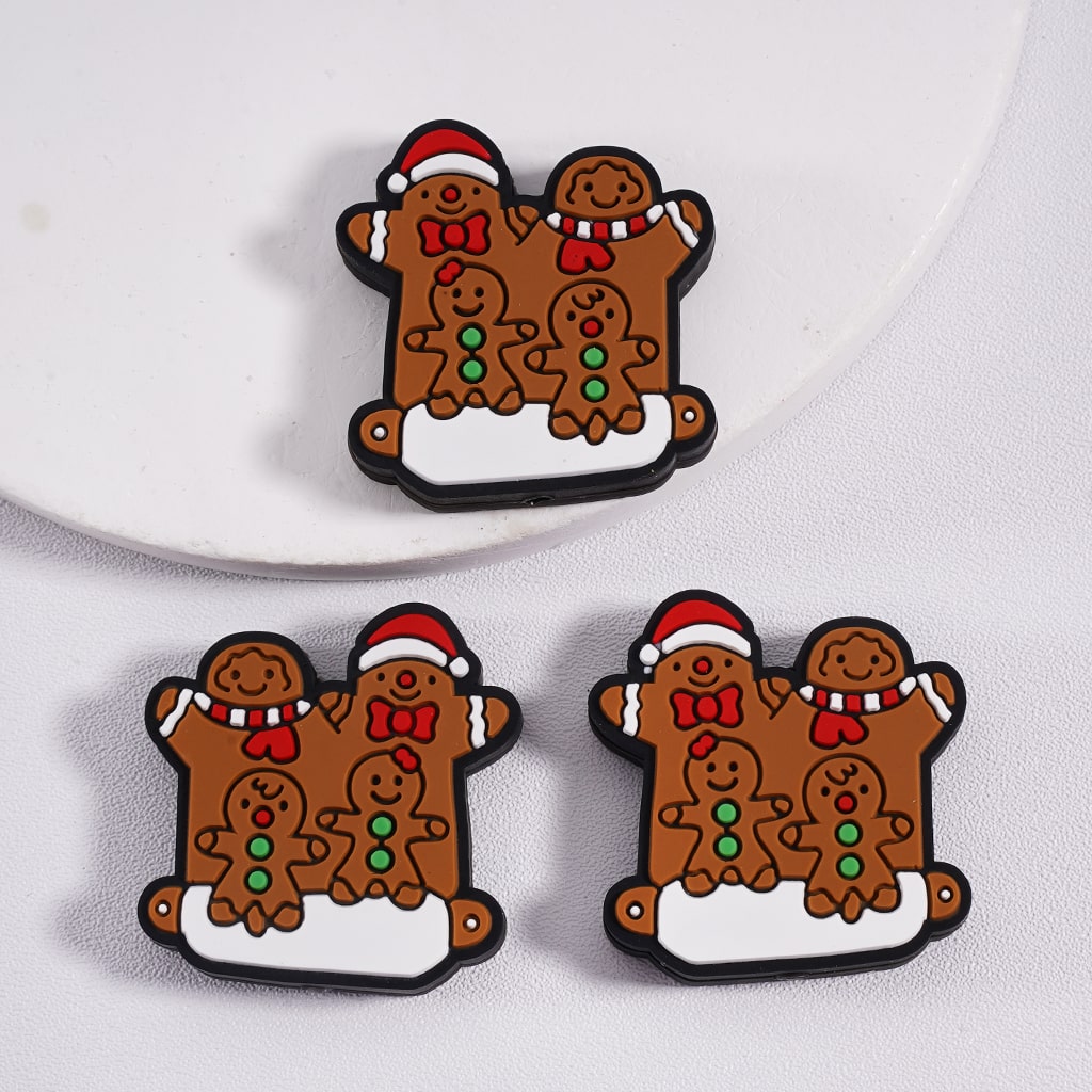 Cute Gingerbread Man with Santa Red Hat & Bowtie Christmas Themed Silicone Focal Bead
