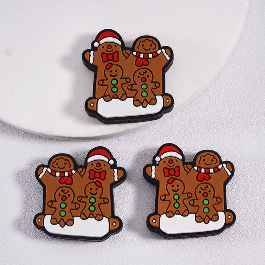 Cute Gingerbread Man with Santa Red Hat & Bowtie Christmas Themed Silicone Focal Bead