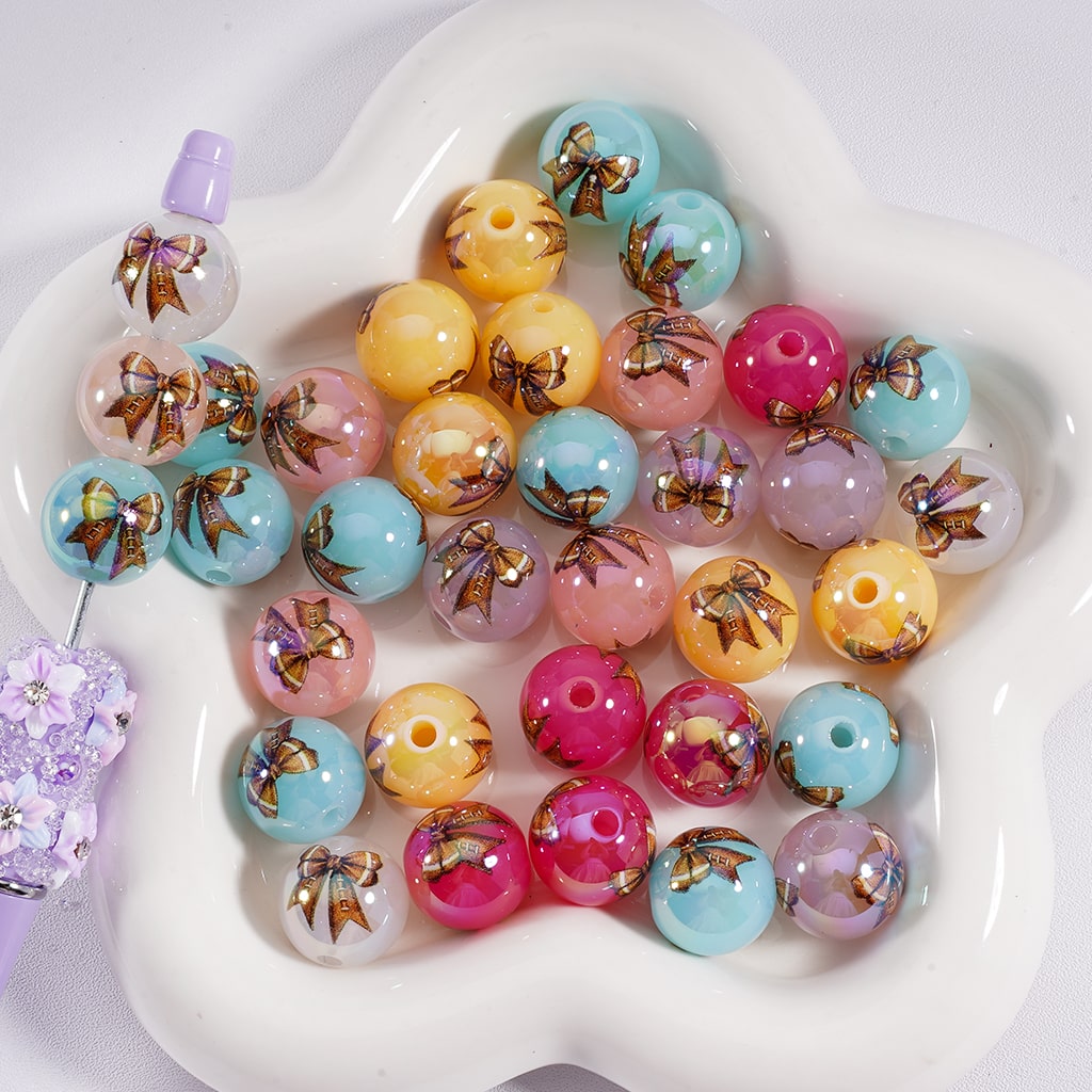 Acrylic Beads American Football  Bowknots Prints Jelly Color & Clear Color 16MM, Random Mix