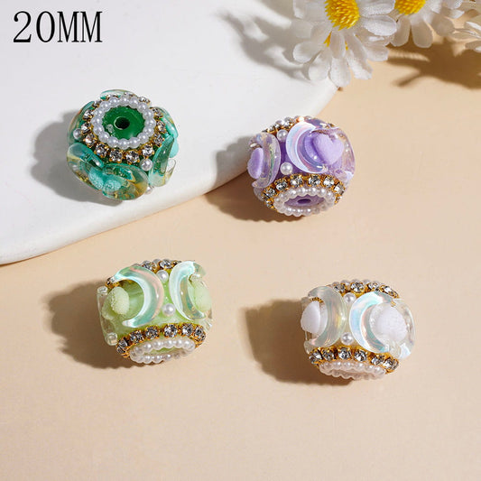 Frosted Moon & Heart with Clear Rhinestone & White Pearl Details, Handcrafted Acrylic Beads, 20MM, Multi Colors Random Mix