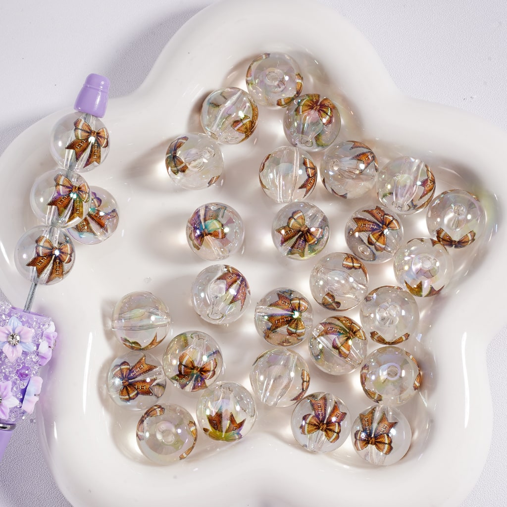 Acrylic Beads American Football  Bowknots Prints Jelly Color & Clear Color 16MM, Random Mix
