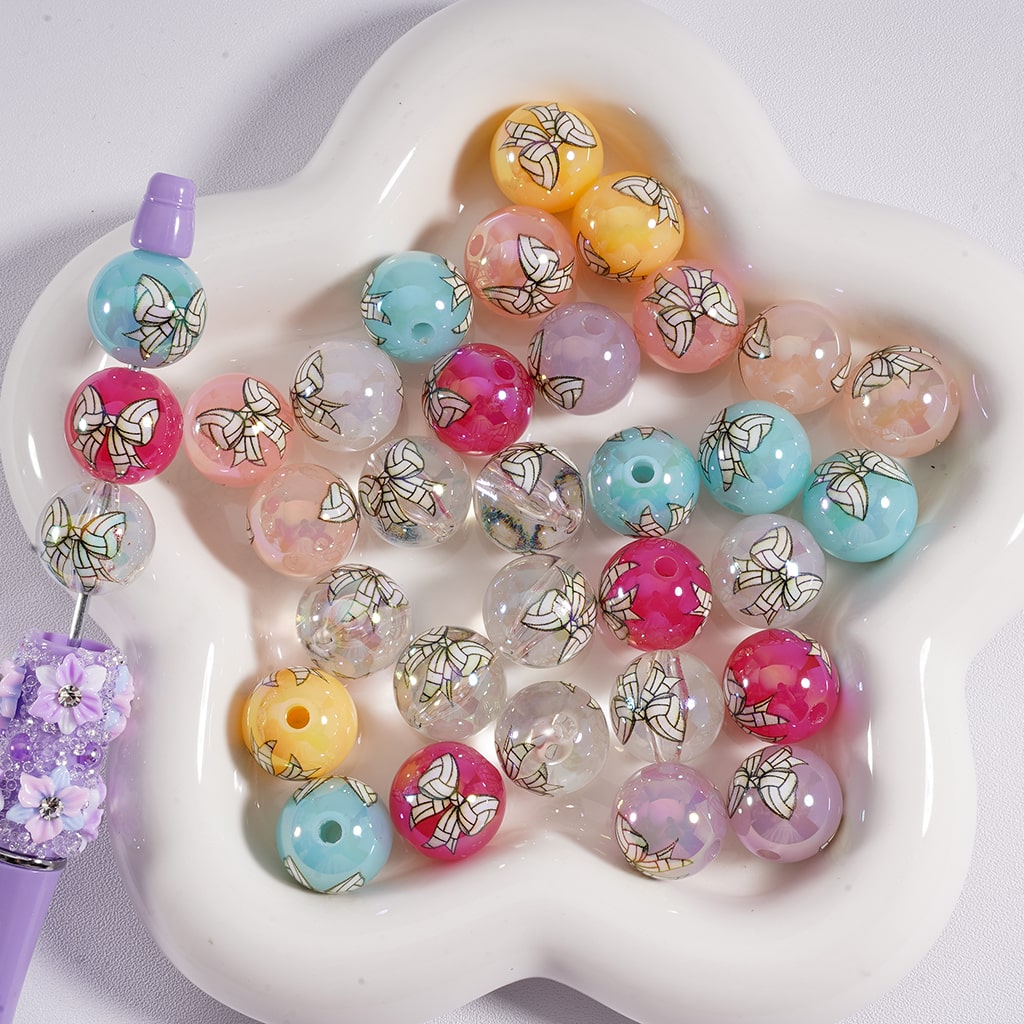 Colorful Jelly & Transparent Volleyball Bow knot Round Acrylic Beads, 16mm Mix