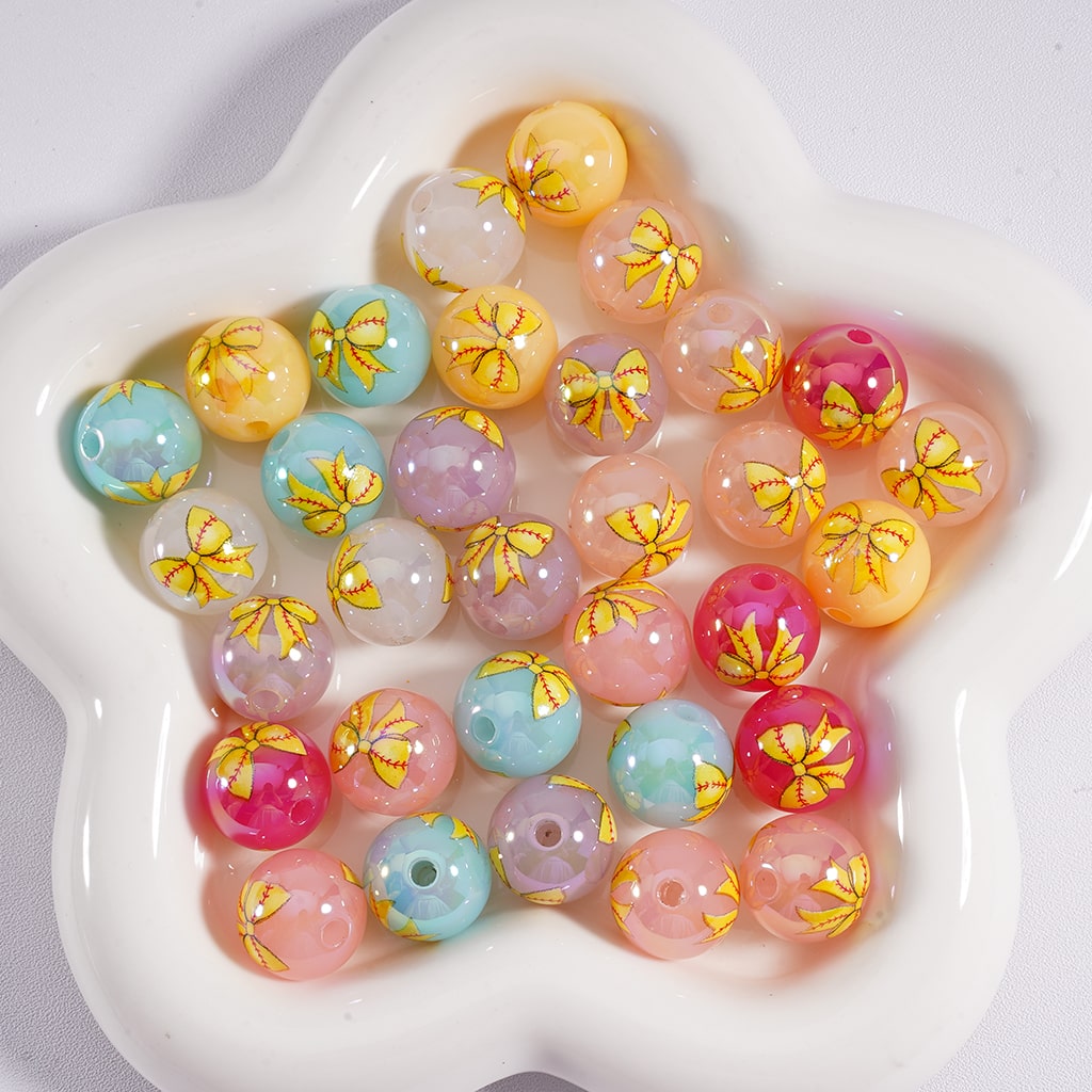 Jelly Color & Clear Bowknot white Prints, Round Acrylic Beads 16MM Random Mix