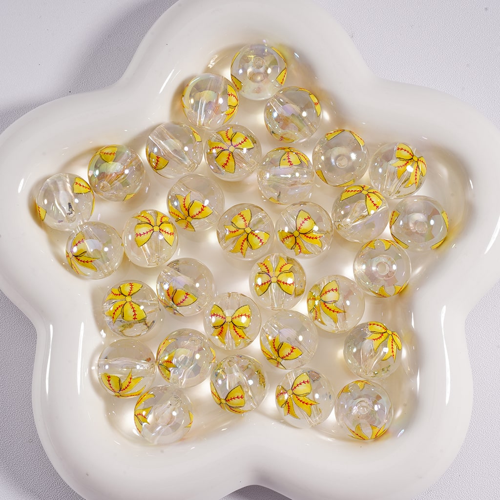 Jelly Color & Clear Bowknot white Prints, Round Acrylic Beads 16MM Random Mix