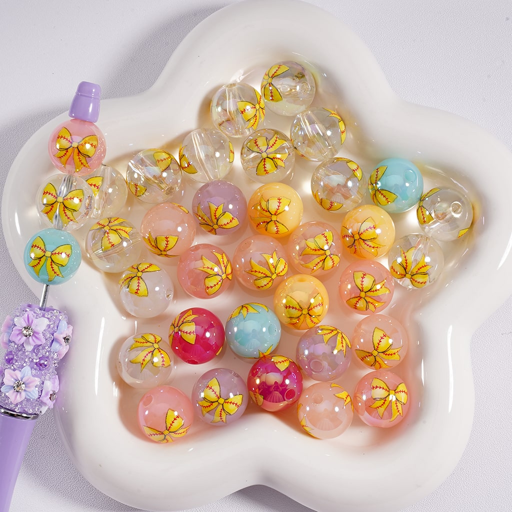 Jelly Color & Clear Bowknot white Prints, Round Acrylic Beads 16MM Random Mix