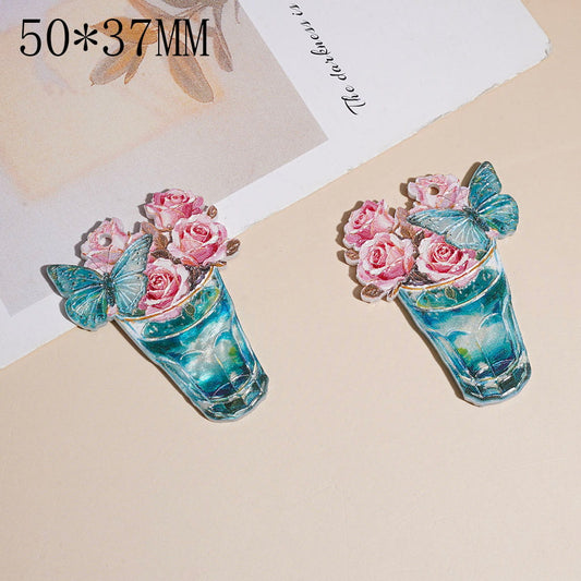 Romantic Rose Flower Bouquet in Glass Vase with Blue Butterfly Acrylic Pendant, 50*37MM