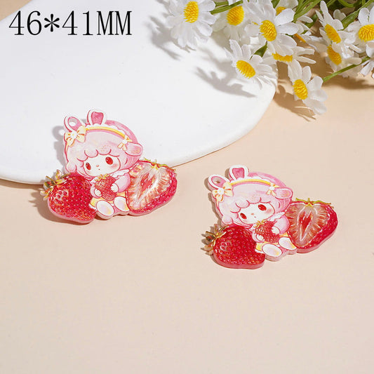 Cute Strawberry Bunny Girl Character Acrylic Pendant with Rabbit Hat, Bow Headband & Holding Strawberry, 46*41MM